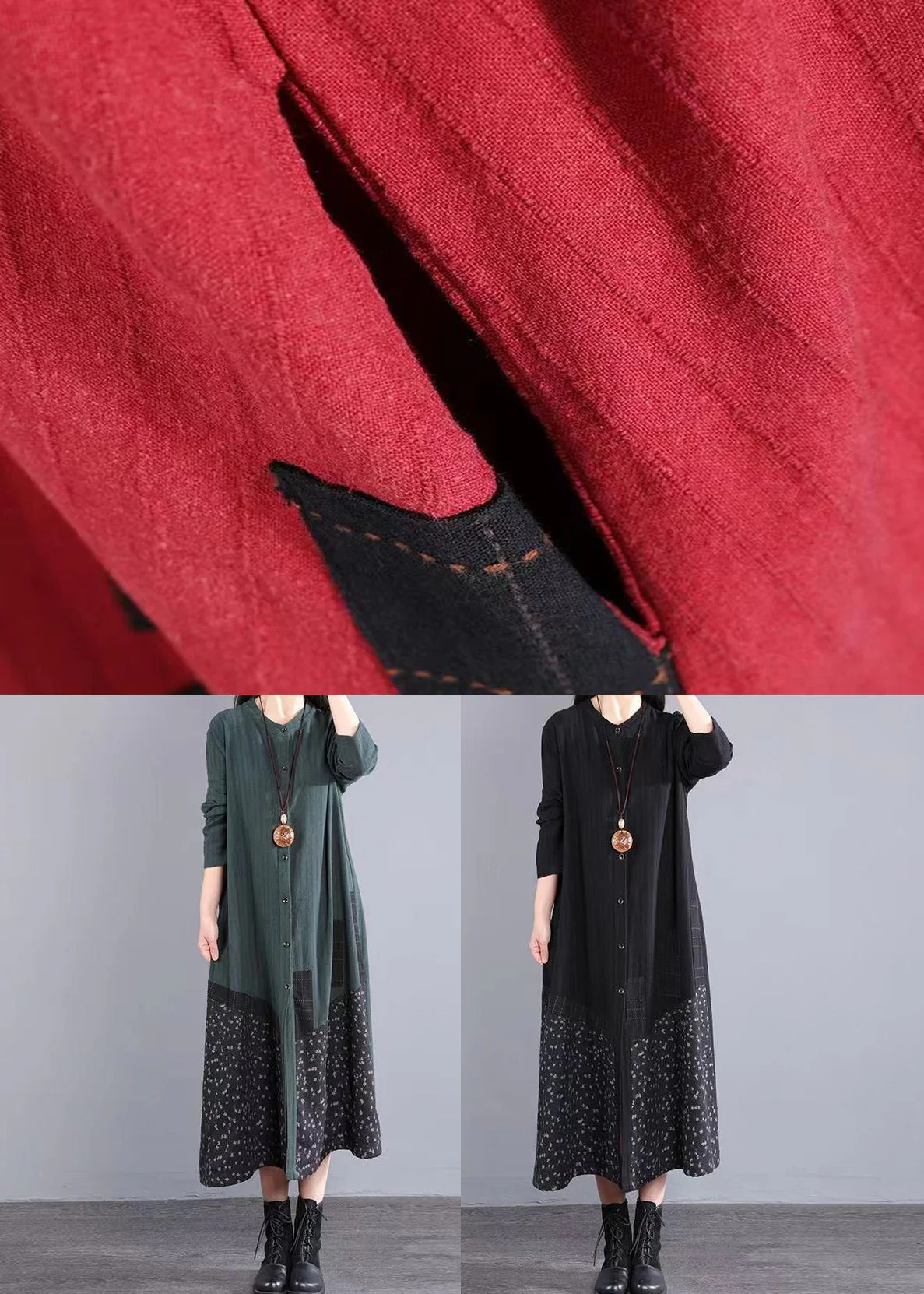 Blackish Green Patchwork Cotton Dress Stand Collar Button Fall - Image 5