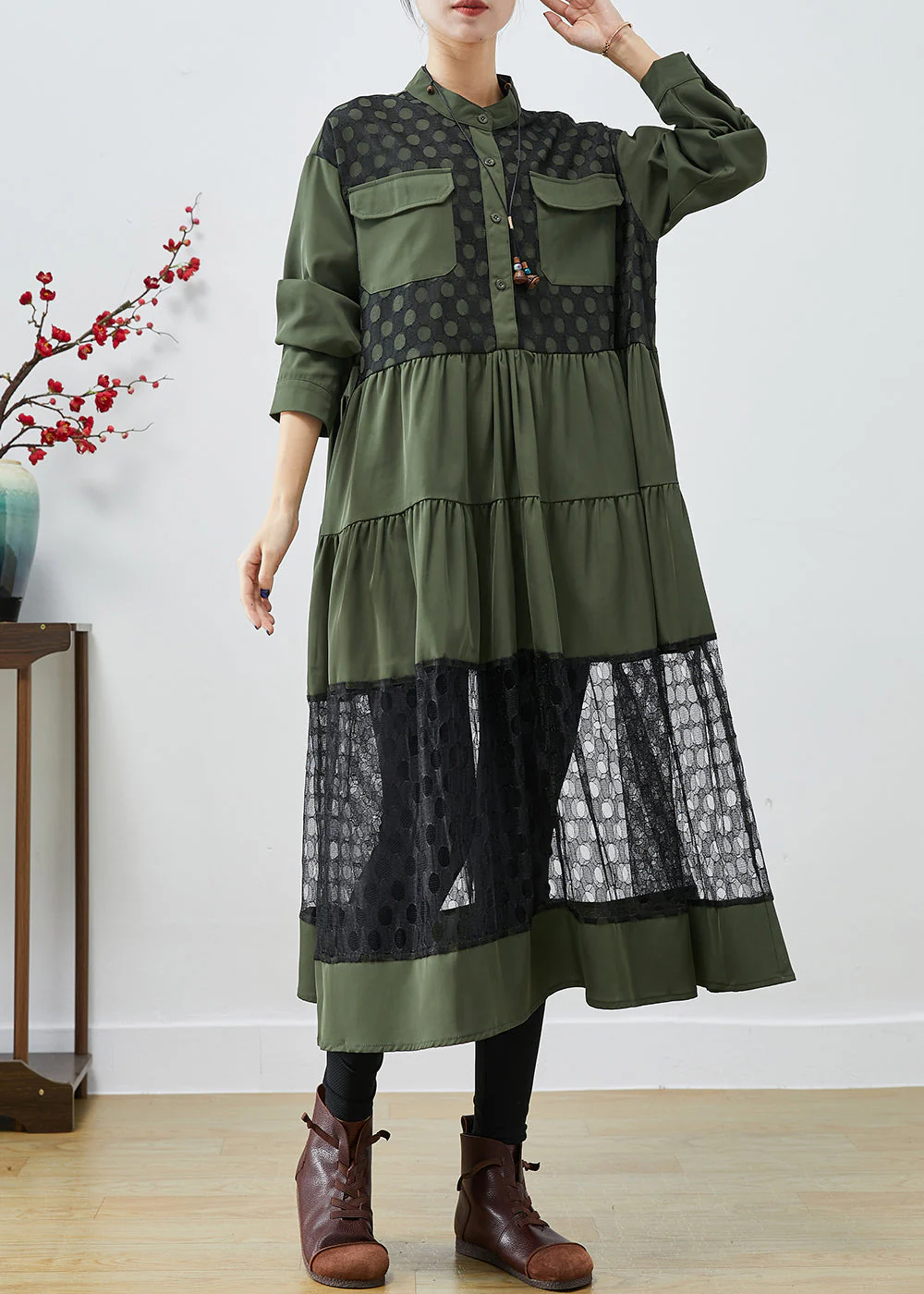 Blackish Green Patchwork Cotton Shirt Dress Hollow Out Fall - Image 2