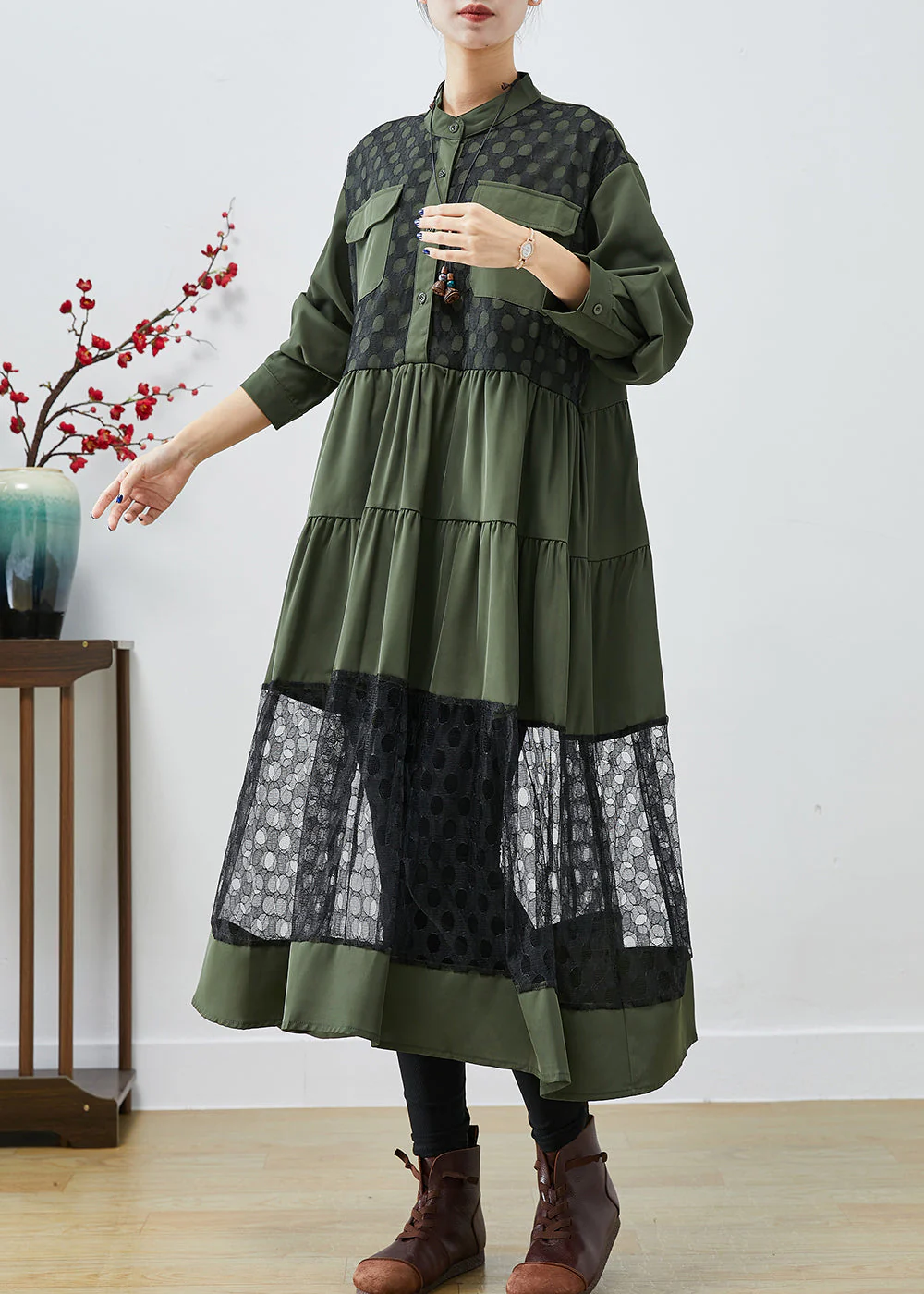 Blackish Green Patchwork Cotton Shirt Dress Hollow Out Fall - Image 3