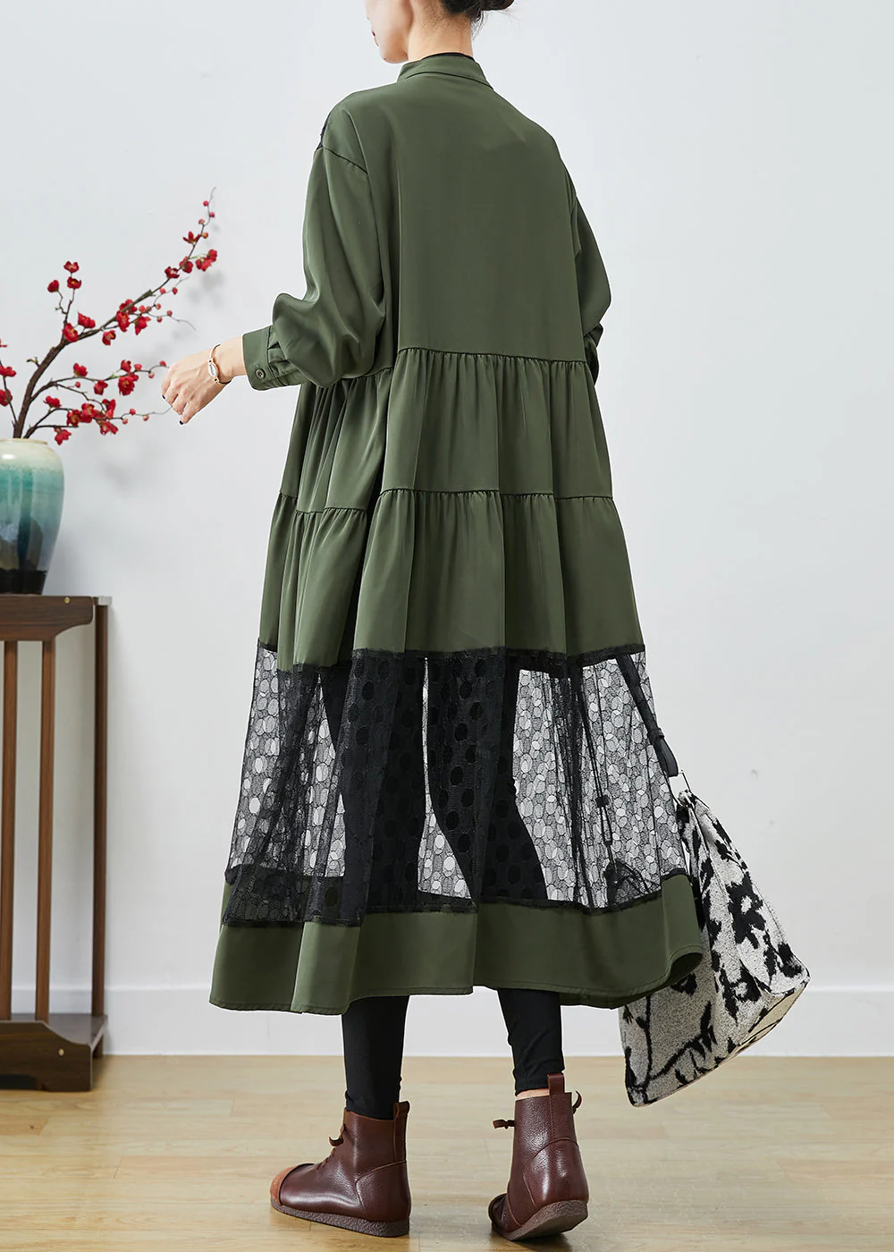 Blackish Green Patchwork Cotton Shirt Dress Hollow Out Fall - Image 4
