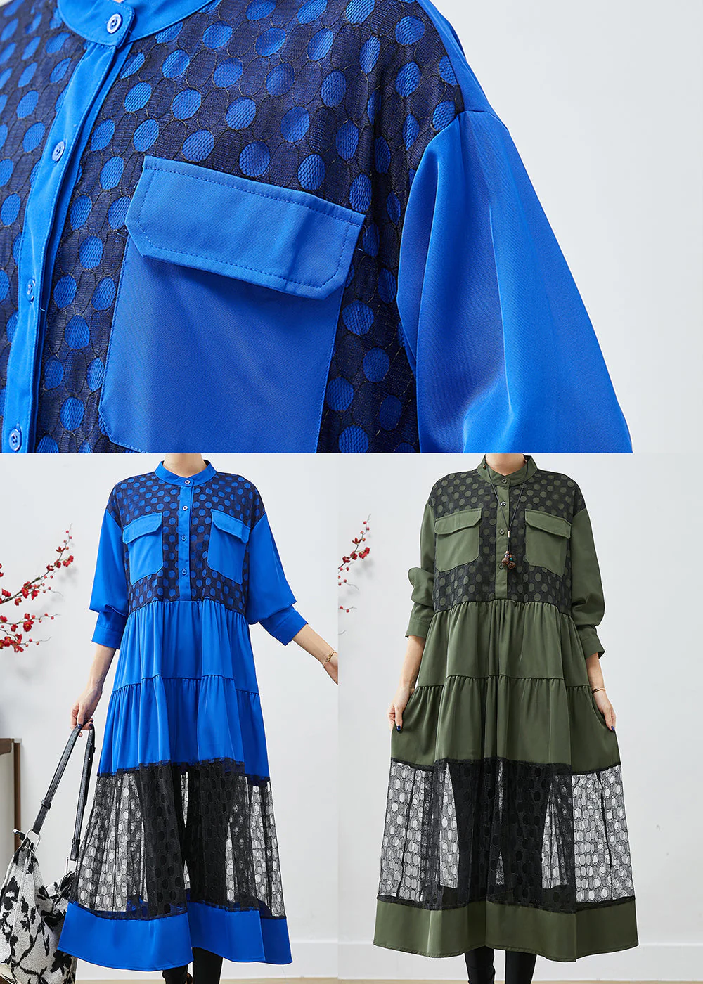 Blackish Green Patchwork Cotton Shirt Dress Hollow Out Fall - Image 5
