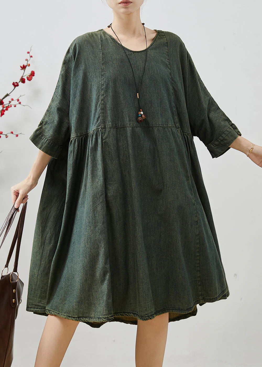 Blackish Green Patchwork Denim Work Dress Oversized Summer - Image 3