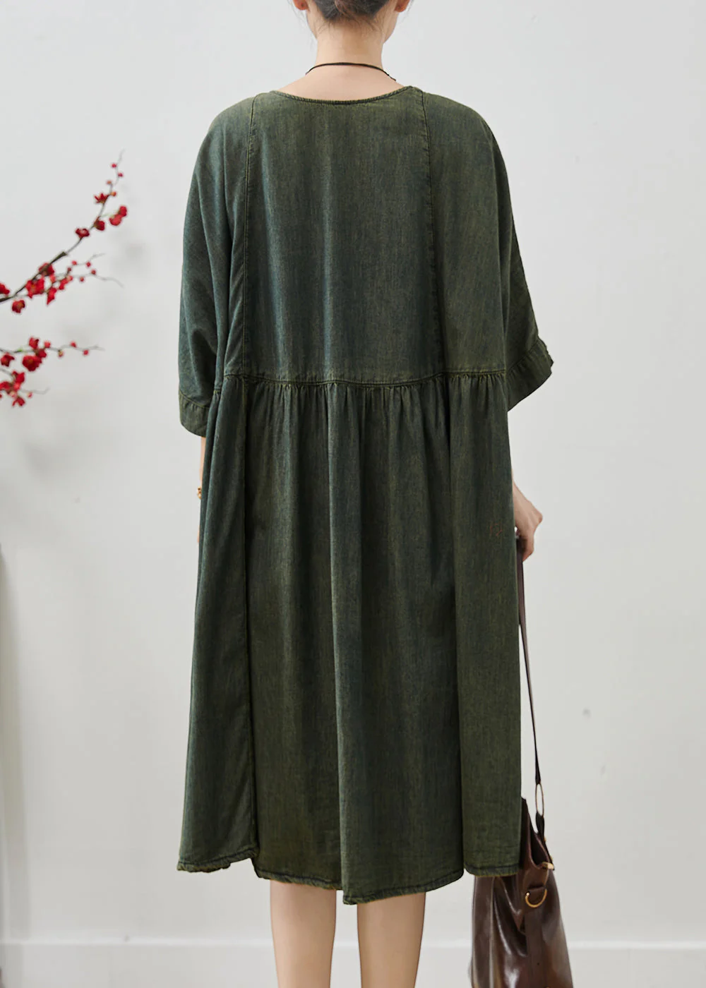 Blackish Green Patchwork Denim Work Dress Oversized Summer - Image 4