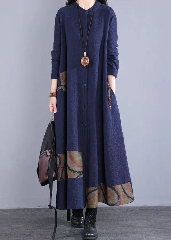 Blackish Green Pockets Patchwork Cotton Dress Stand Collar Fall - Image 2