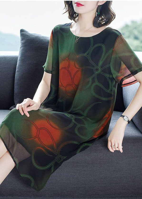 Blackish Green Print Chiffon Long Dress Oversized Summer - Image 3