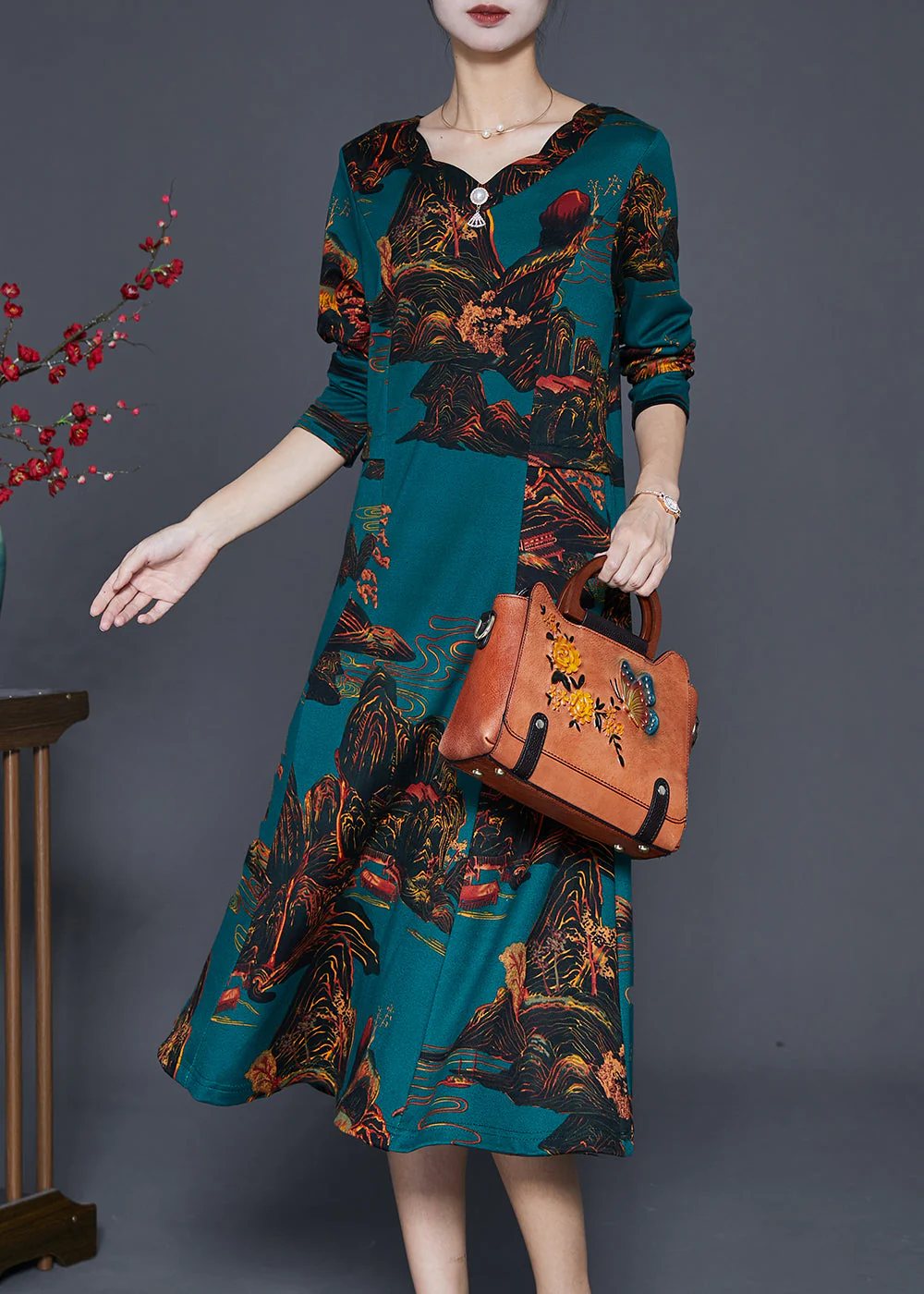 Blackish Green Print Silm Fit Cotton A Line Dresses Fall - Image 2