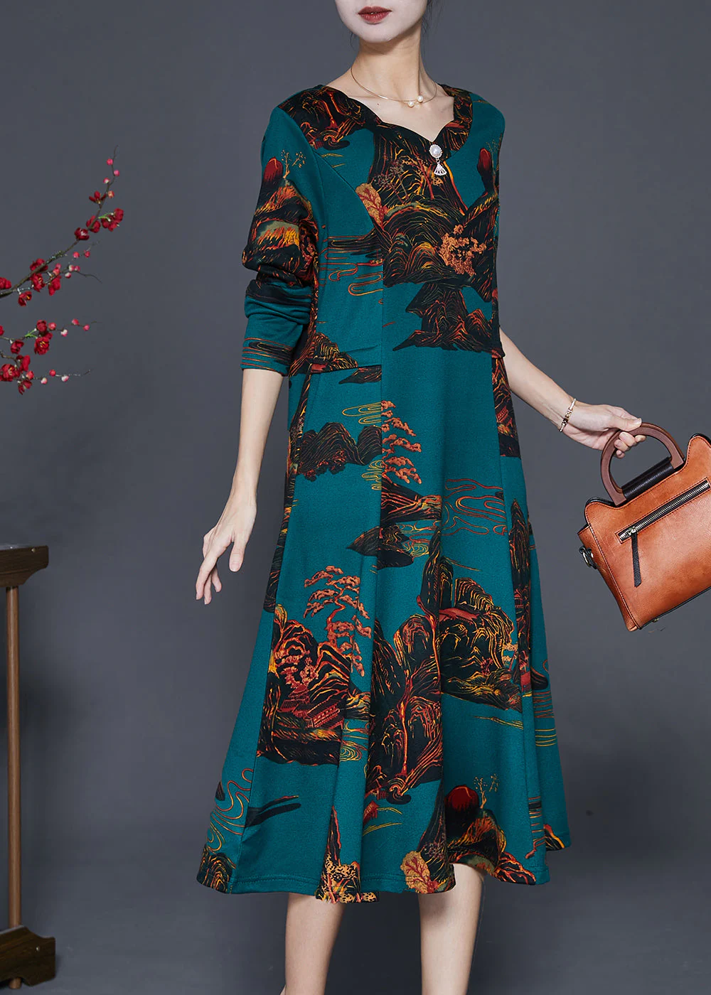 Blackish Green Print Silm Fit Cotton A Line Dresses Fall - Image 3