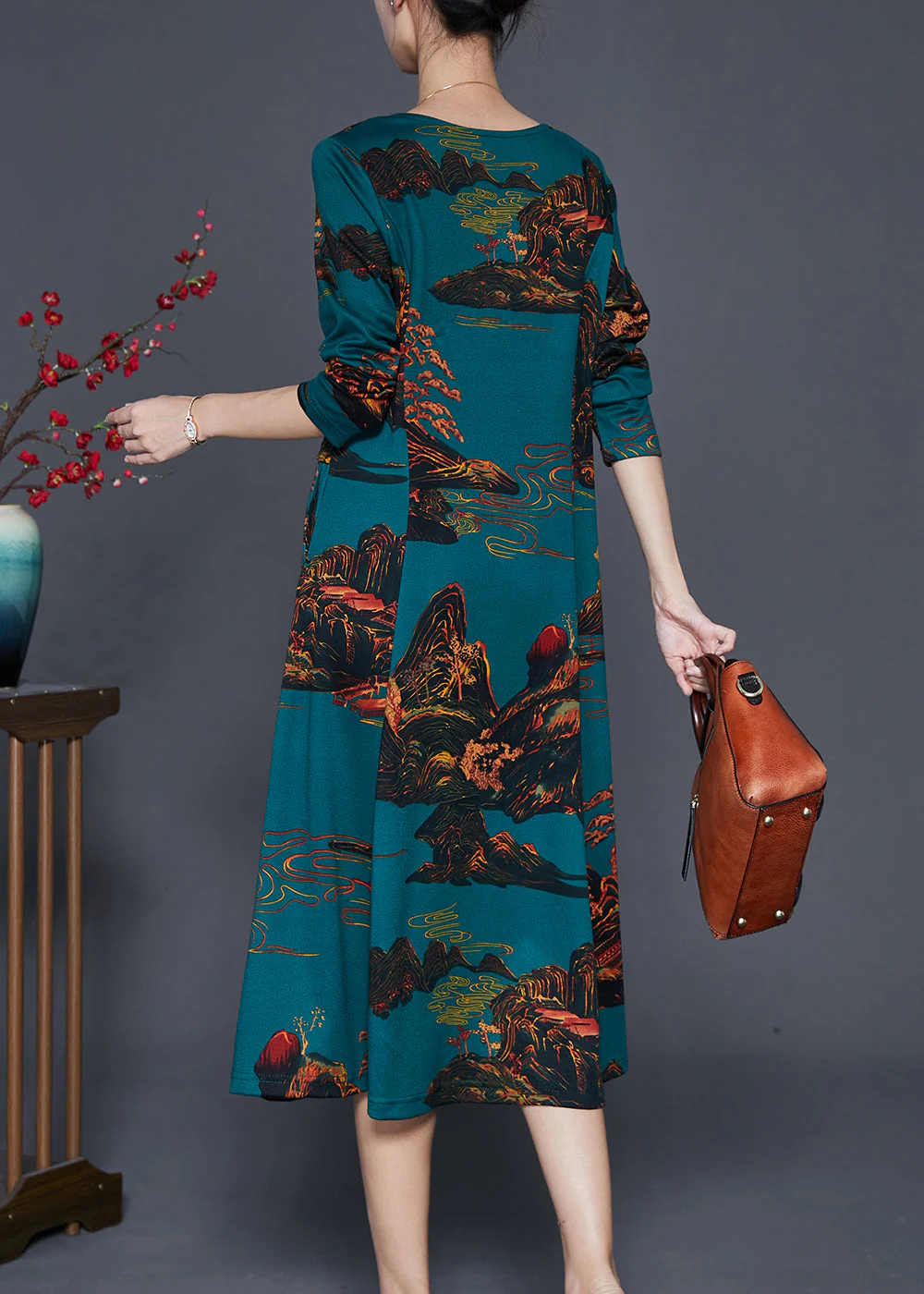 Blackish Green Print Silm Fit Cotton A Line Dresses Fall - Image 4