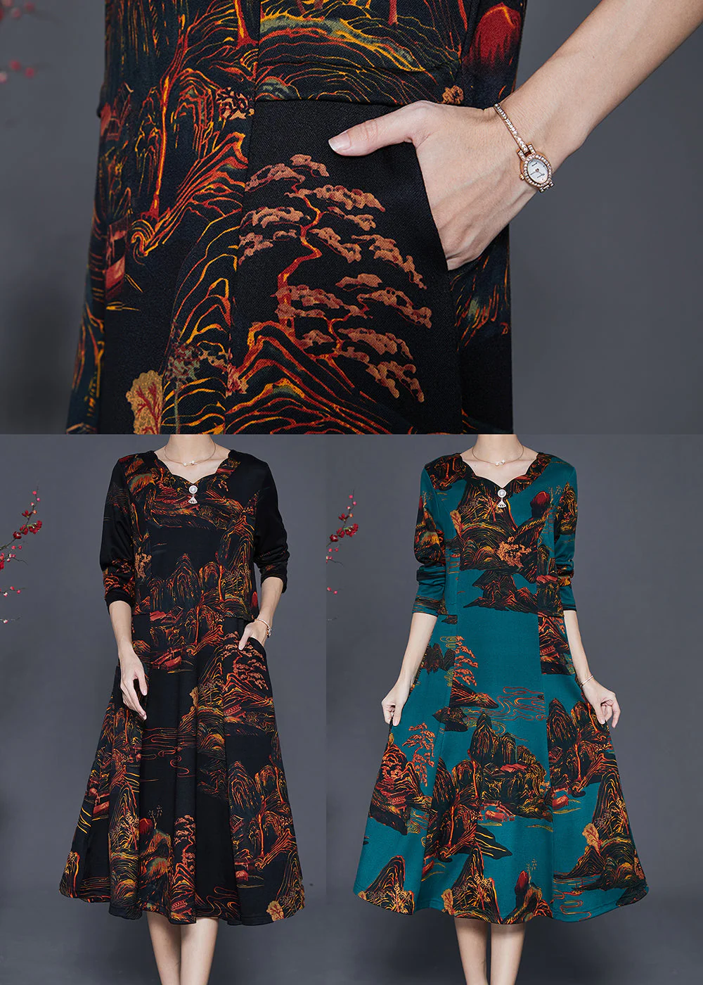 Blackish Green Print Silm Fit Cotton A Line Dresses Fall - Image 5