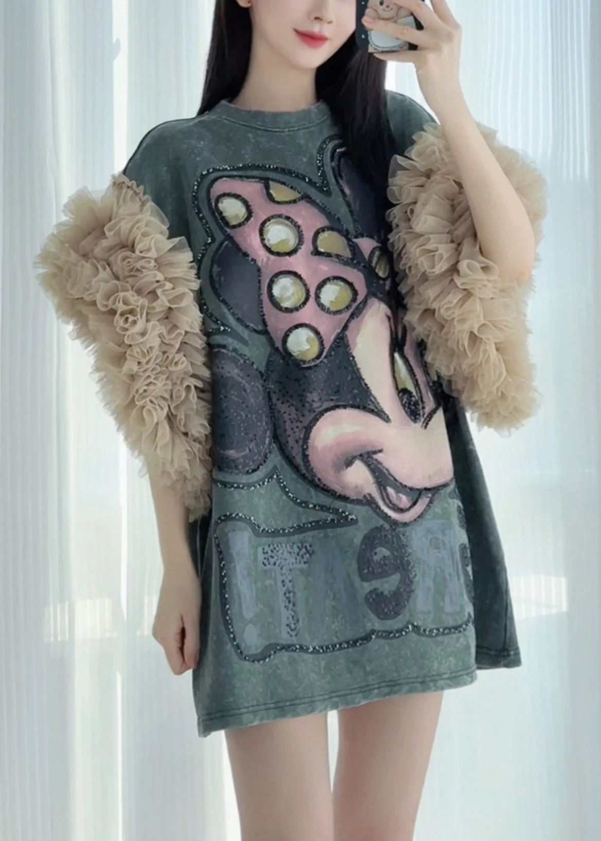 Blackish Green Print Tulle Patchwork Summer T Shirt Dress Ruffled - Image 4