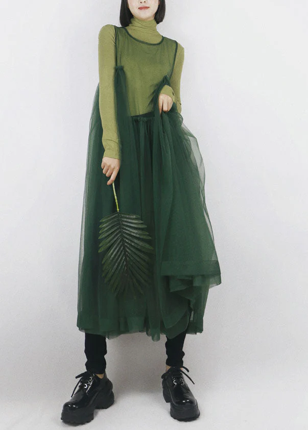 Blackish Green Tulle Long Dress Asymmetrical Exra Large Hem Sleeveless - Image 2