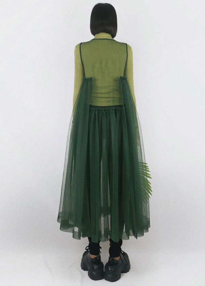 Blackish Green Tulle Long Dress Asymmetrical Exra Large Hem Sleeveless - Image 3