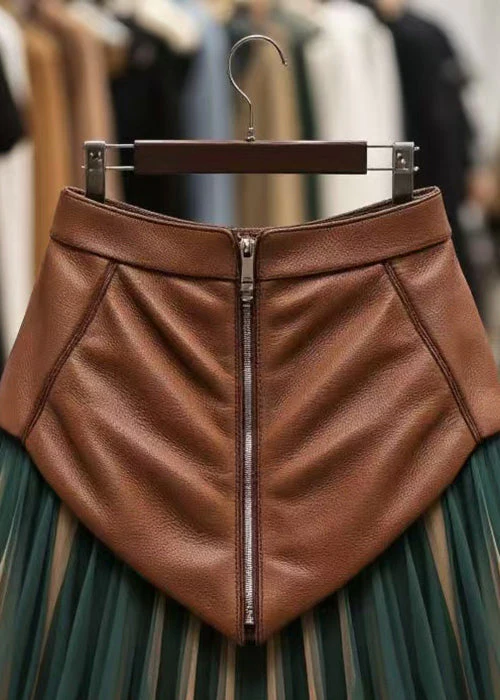 Blackish Green Zippered High Waist Tulle Patchwork Faux Leather Skirt - Image 3