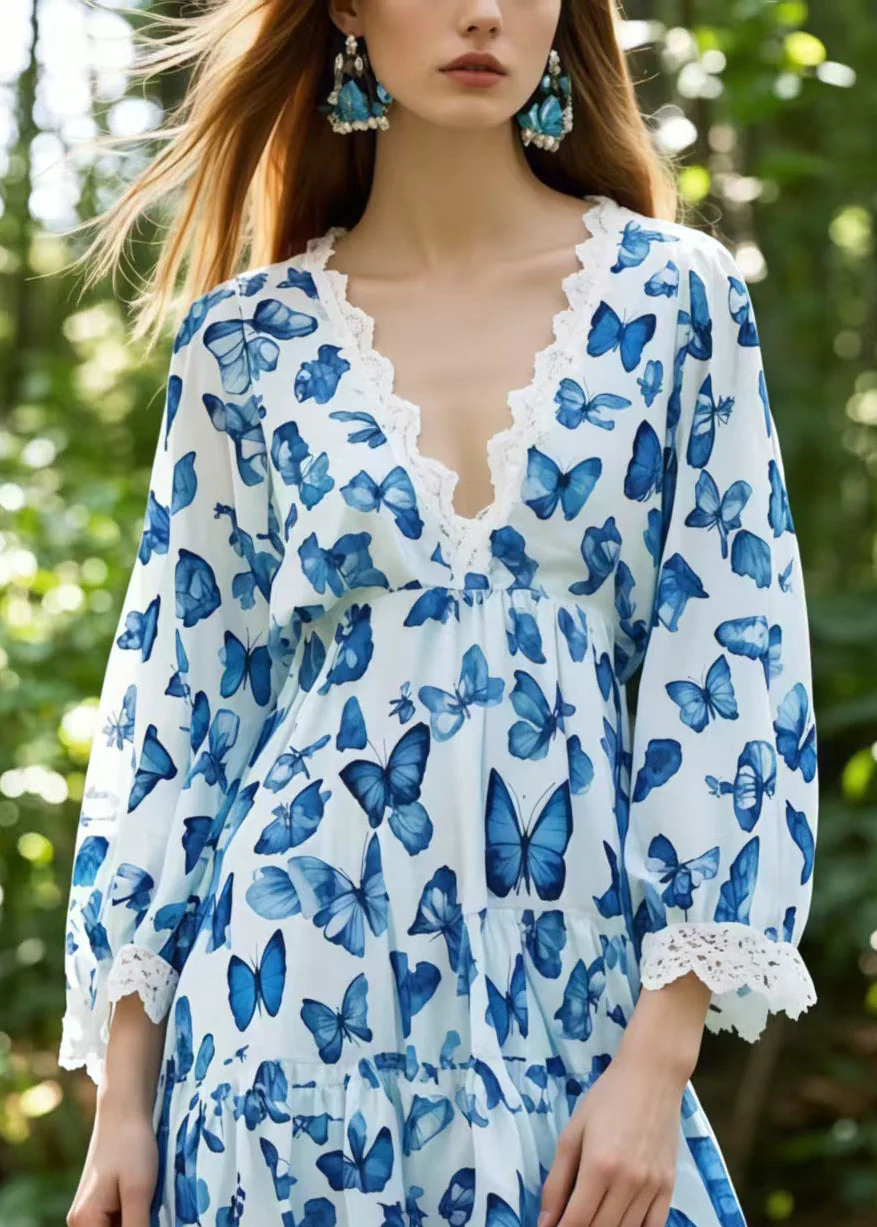Blue Butterfly Cotton Day Dress Low High Design Bracelet Sleeve - Image 2