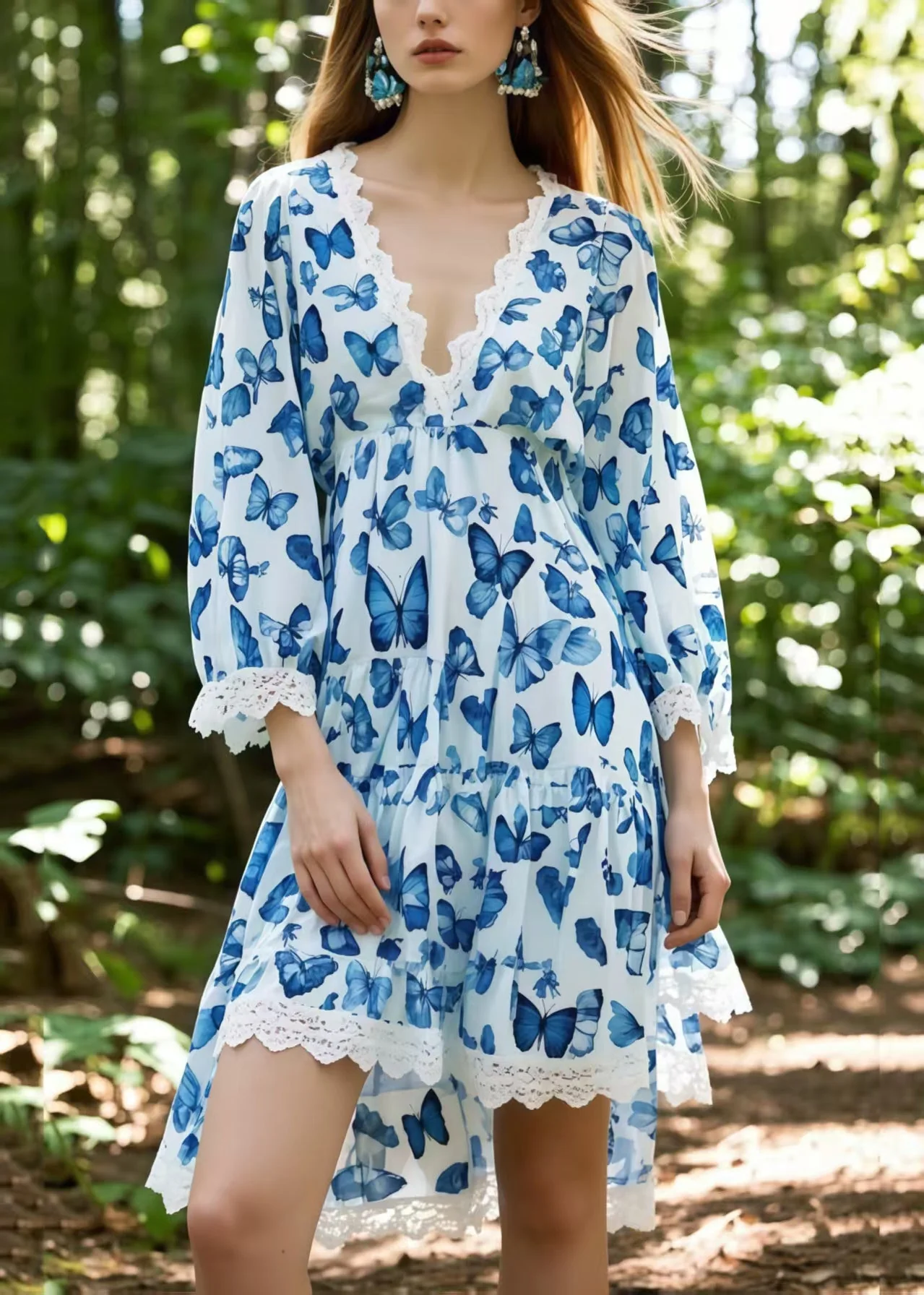 Blue Butterfly Cotton Day Dress Low High Design Bracelet Sleeve - Image 3