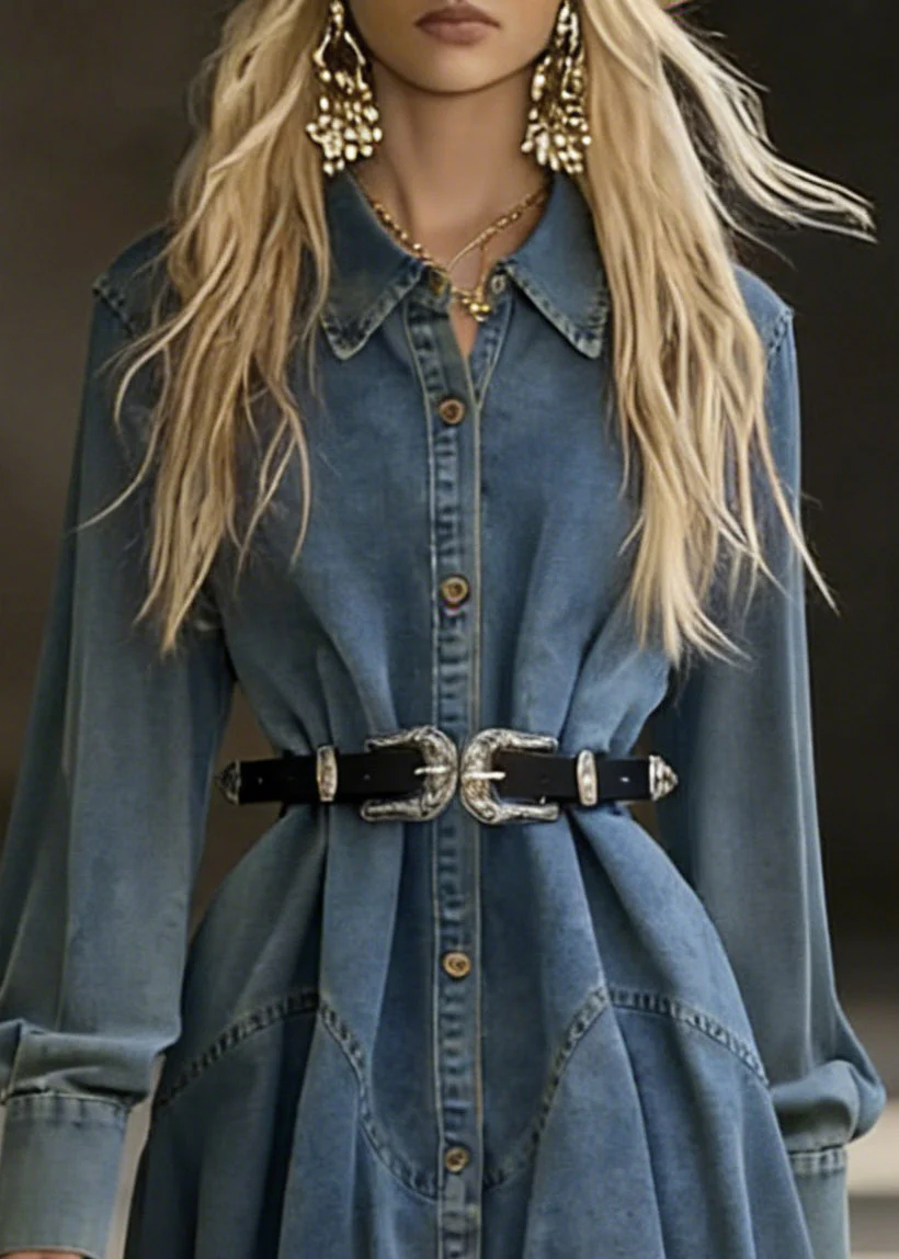 Blue Button Denim Mid Dress Peter Pan Collar Spring - Image 2
