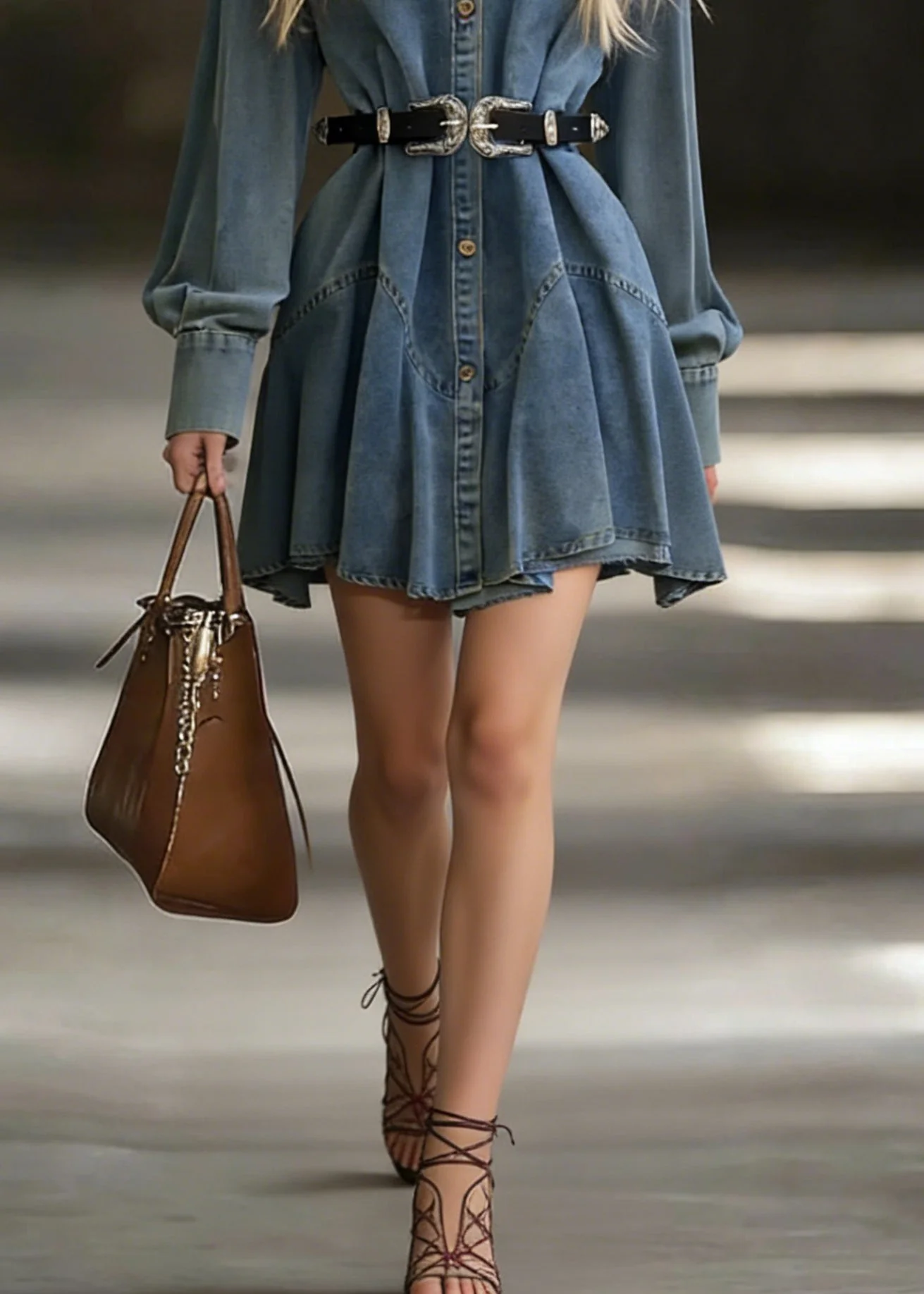 Blue Button Denim Mid Dress Peter Pan Collar Spring - Image 4