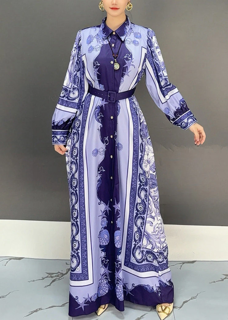Blue Button High Waist Cotton Fall Long Dress Peter Pan Collar - Image 2