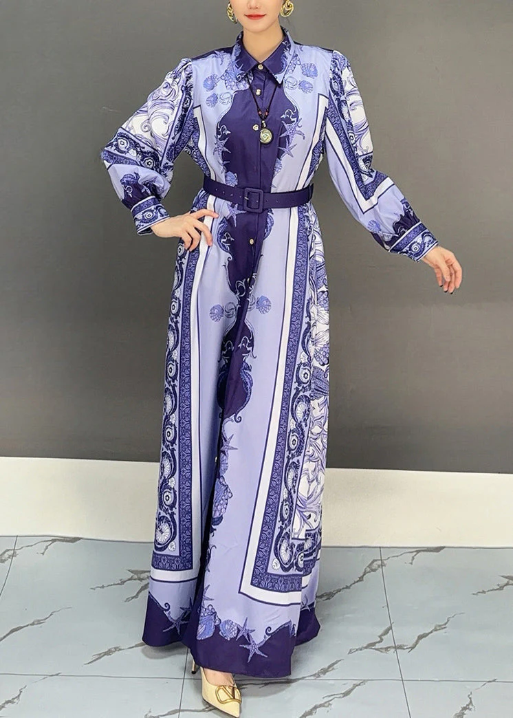 Blue Button High Waist Cotton Fall Long Dress Peter Pan Collar - Image 3