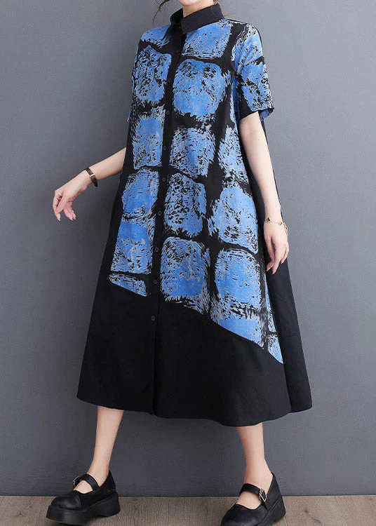 Blue Button Long Shirt Dress Short Sleeve - Image 3