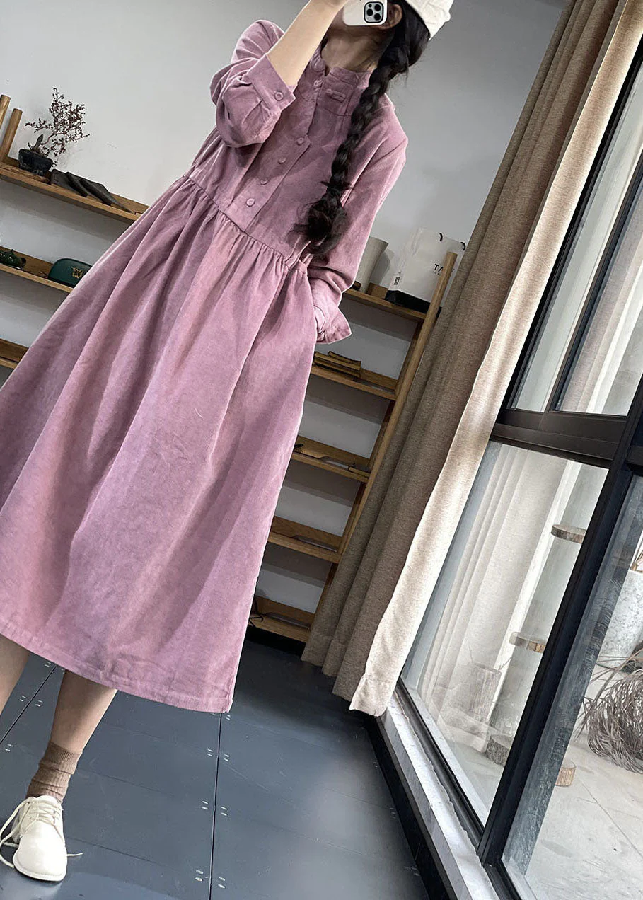 Blue Button Pockets Corduroy Dresses Winter - Image 5