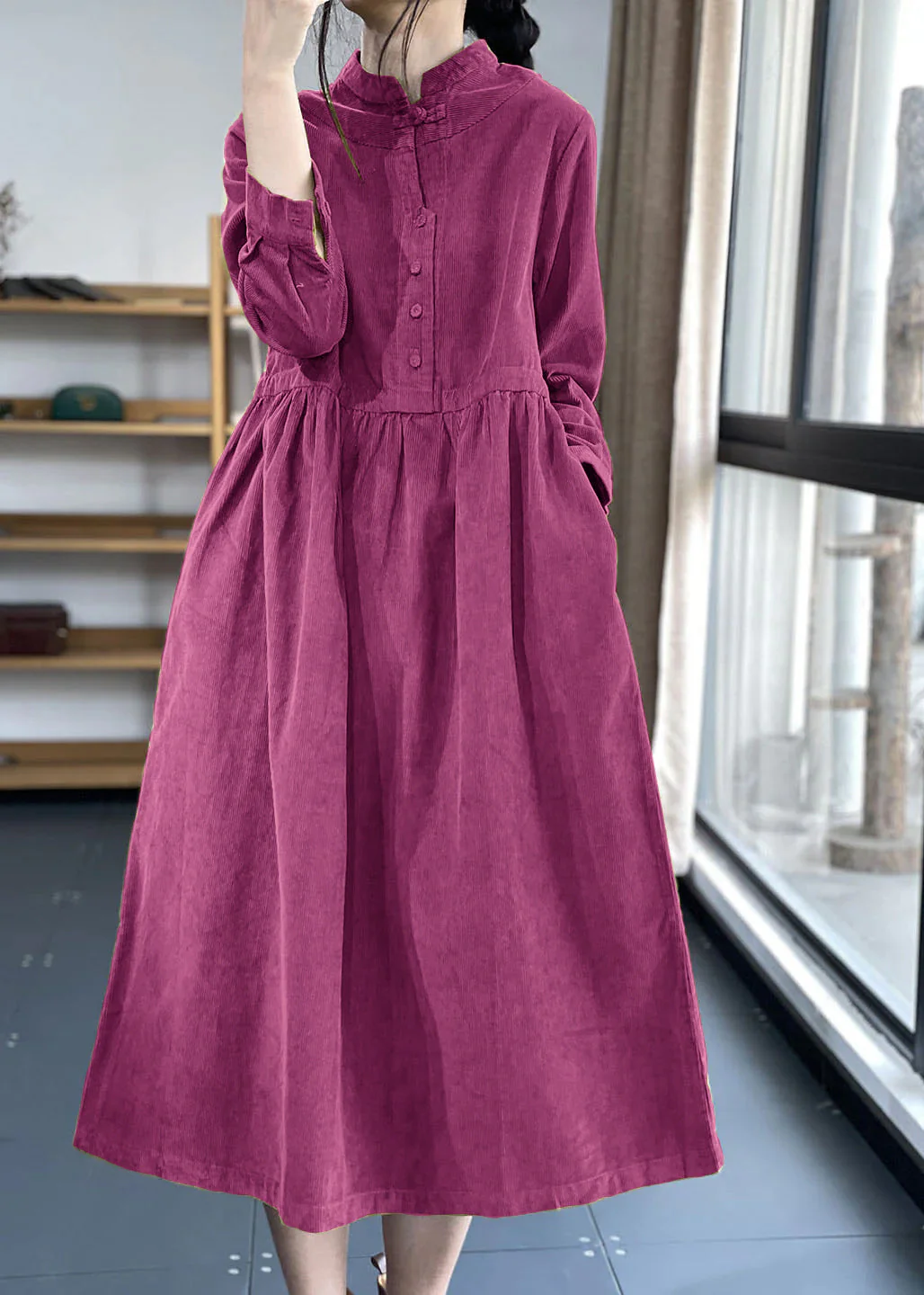 Blue Button Pockets Corduroy Dresses Winter - Image 9