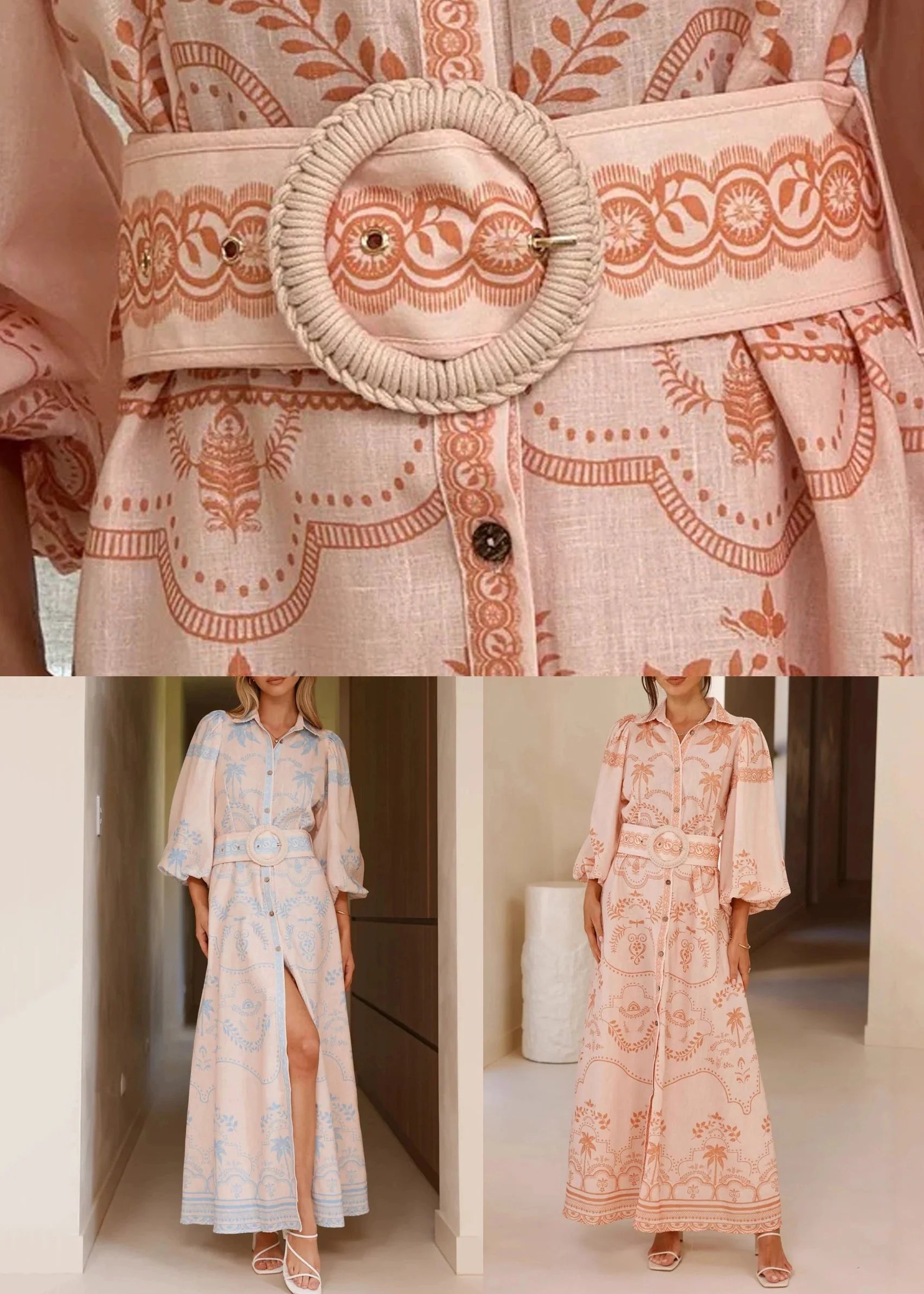 Blue Button Print Linen Spring Shirt Dresses Peter Pan Collar - Image 5