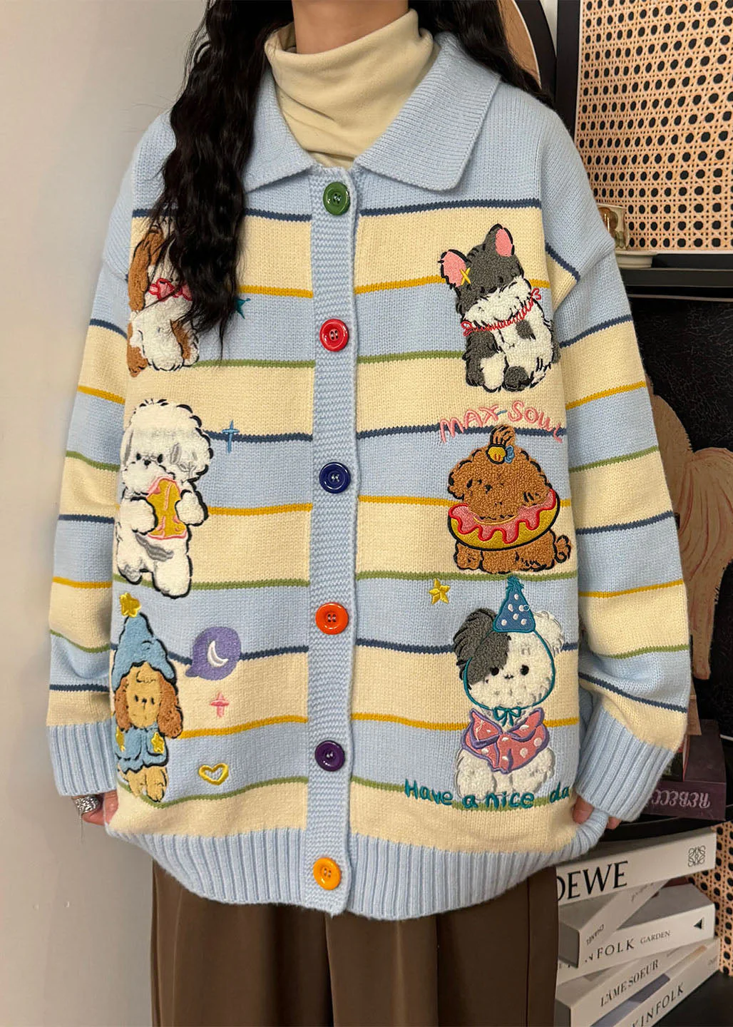 Blue Button Striped Cozy Knit Coats Peter Pan Collar - Image 2