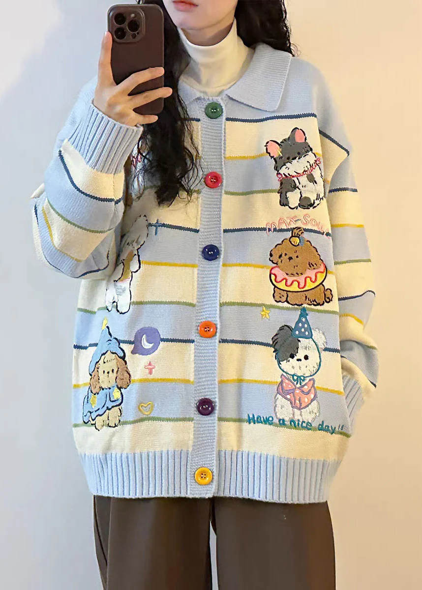 Blue Button Striped Cozy Knit Coats Peter Pan Collar - Image 3