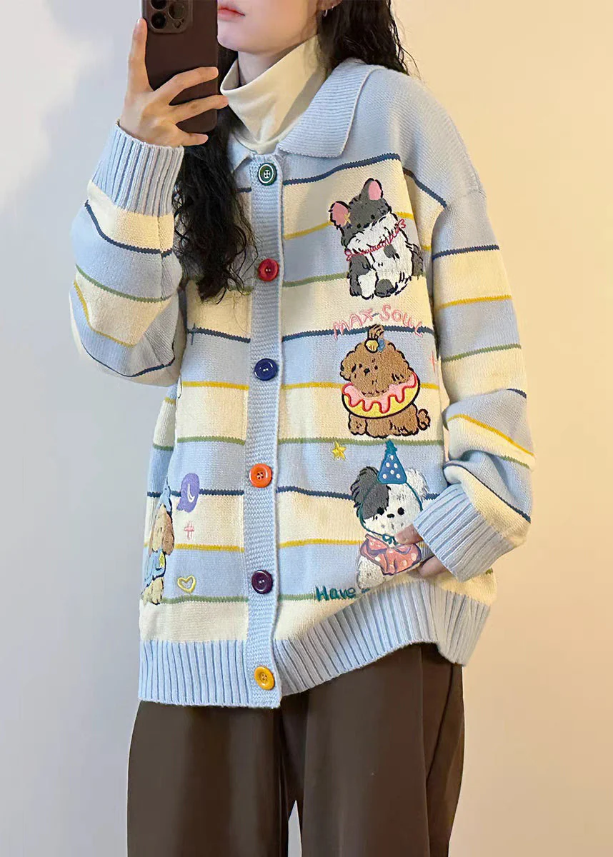 Blue Button Striped Cozy Knit Coats Peter Pan Collar - Image 4