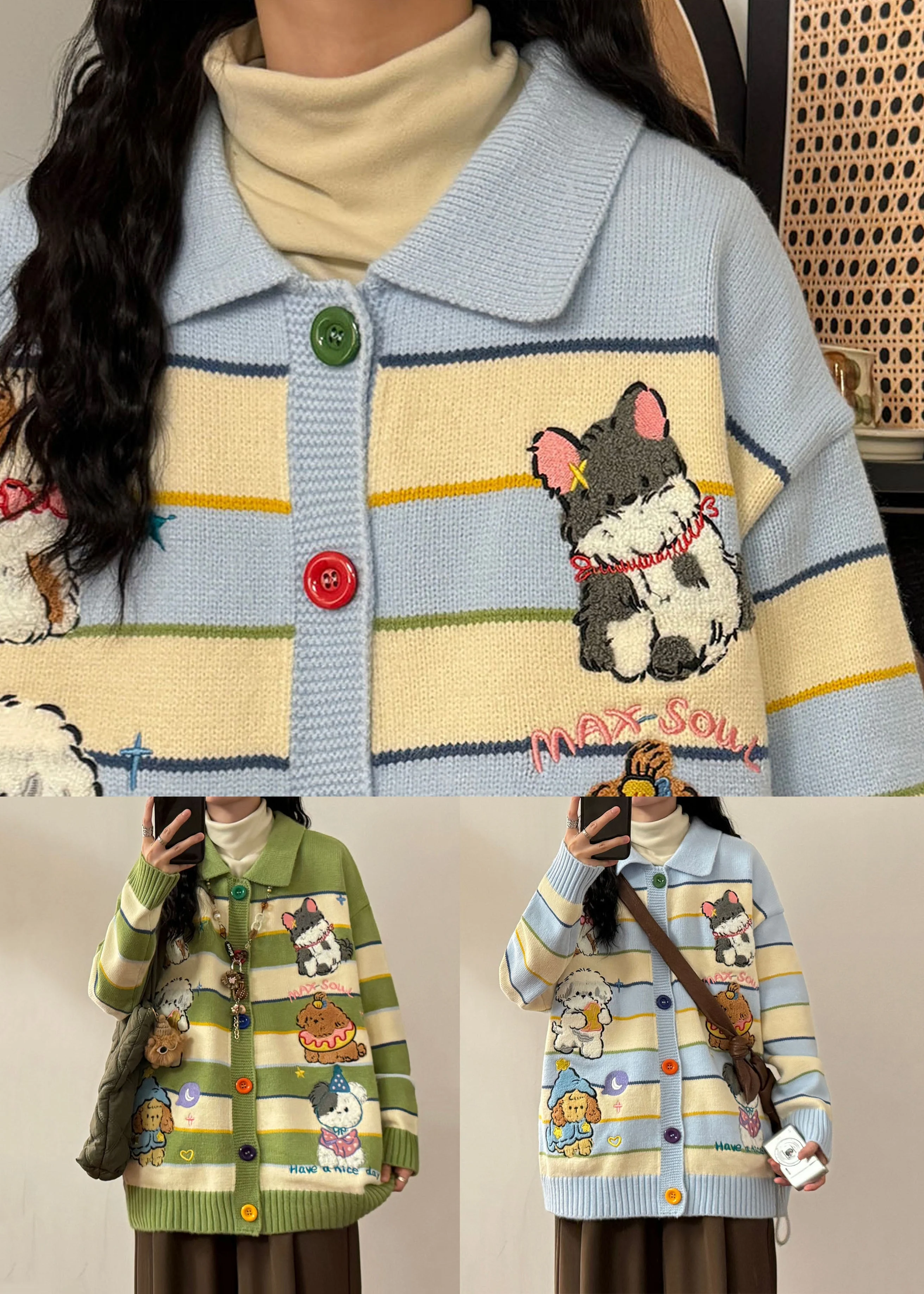 Blue Button Striped Cozy Knit Coats Peter Pan Collar - Image 5