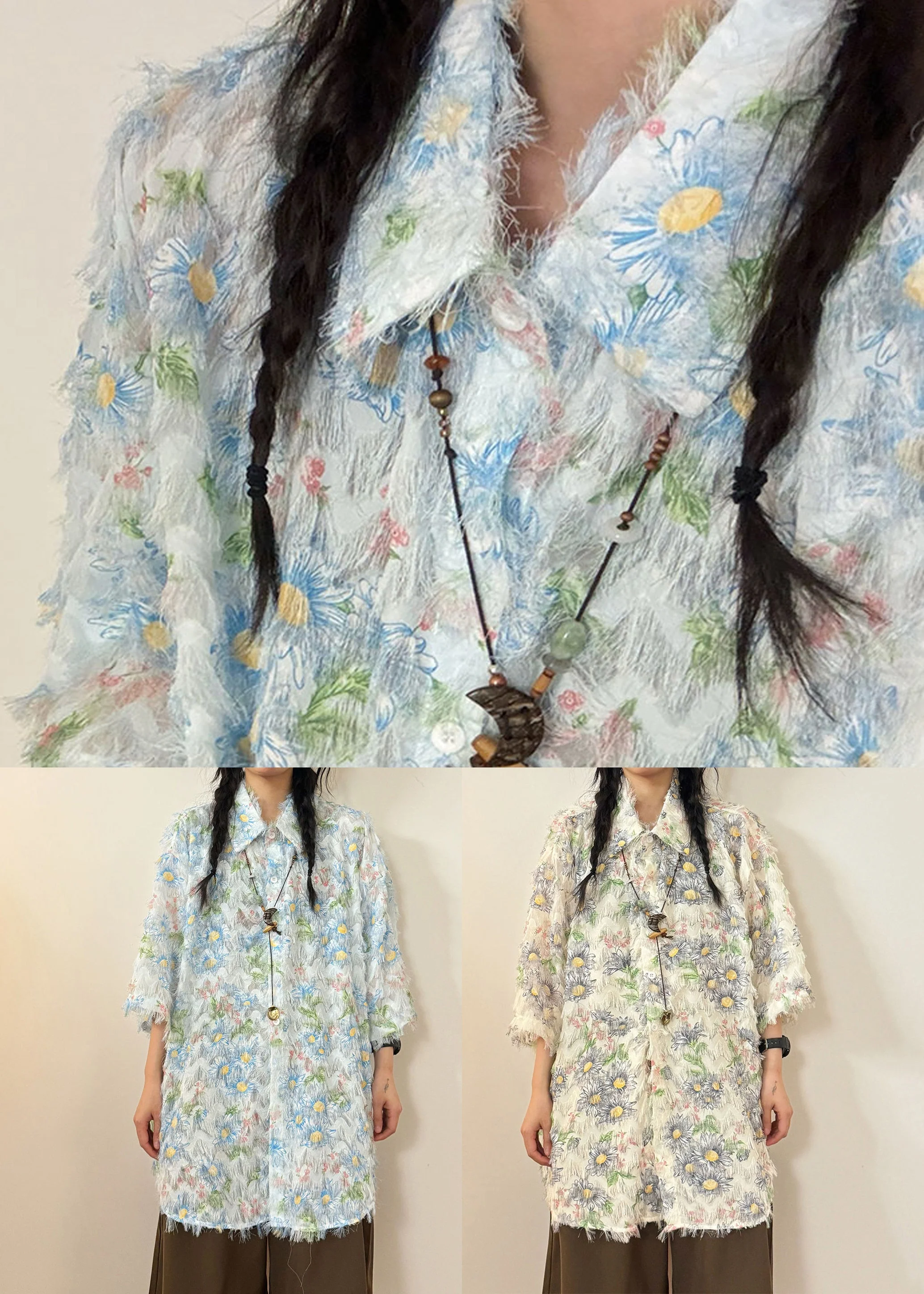 Blue Button Tasseled Cotton Shirt Peter Pan Collar Short Sleeve - Image 5