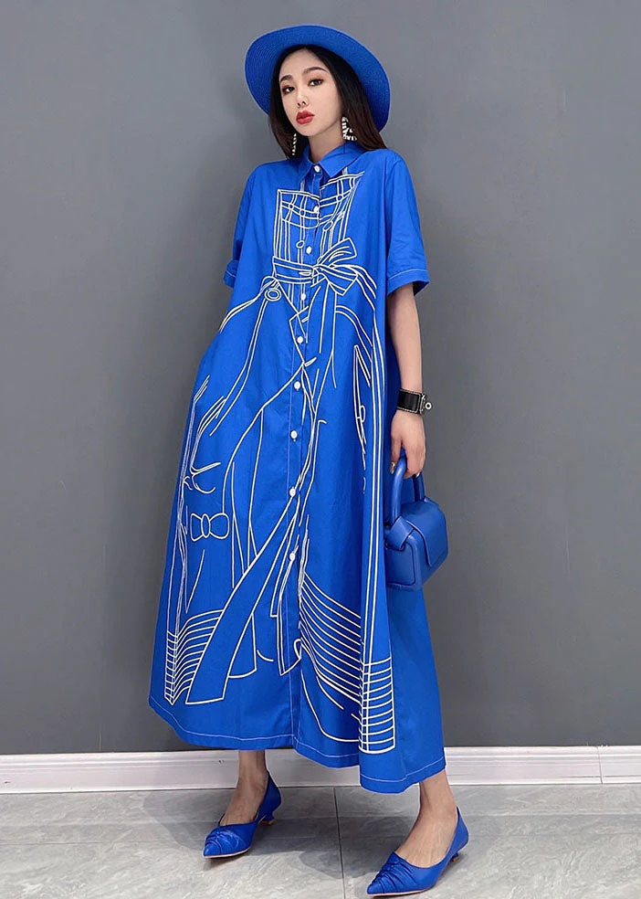 Blue Character Print Cotton Linen A Line Dress Oversized Short Sleeve - Image 2