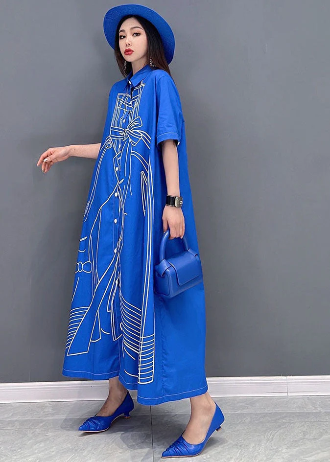 Blue Character Print Cotton Linen A Line Dress Oversized Short Sleeve - Image 3