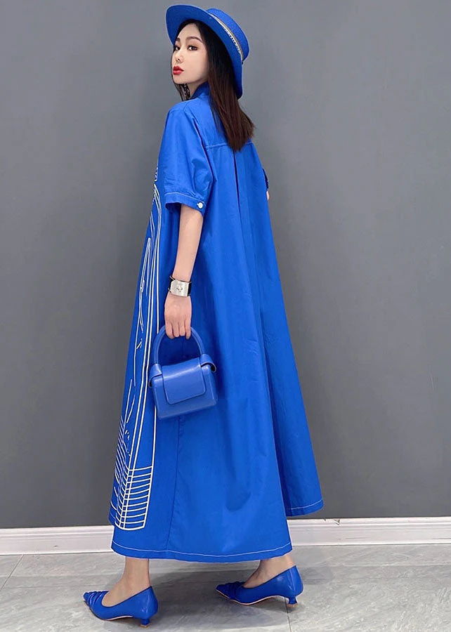 Blue Character Print Cotton Linen A Line Dress Oversized Short Sleeve - Image 4