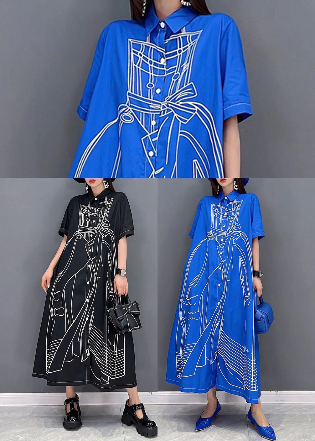 Blue Character Print Cotton Linen A Line Dress Oversized Short Sleeve - Image 5