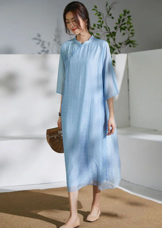 Blue Chinese Button Patchwork Silk Dress Tasseled Summer - Image 3