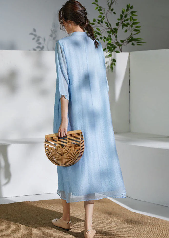 Blue Chinese Button Patchwork Silk Dress Tasseled Summer - Image 4