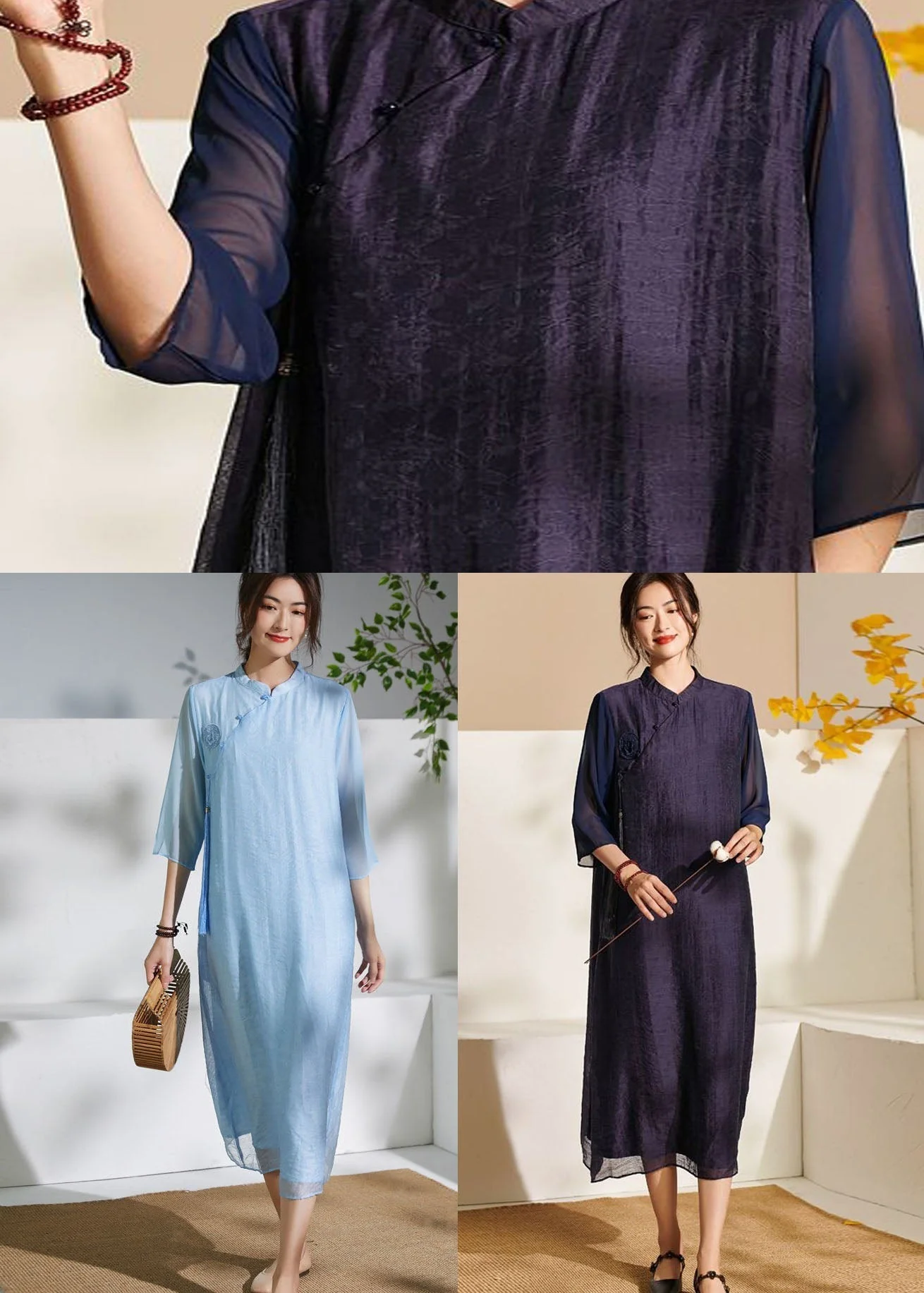 Blue Chinese Button Patchwork Silk Dress Tasseled Summer - Image 5