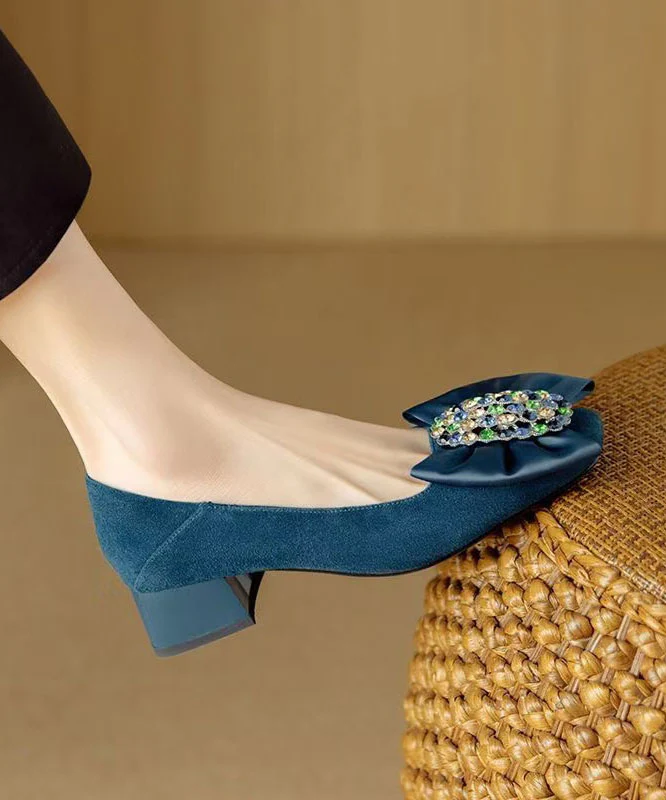 Blue Chunky Heel Shoes Suede Fashion Splicing Bow Zircon