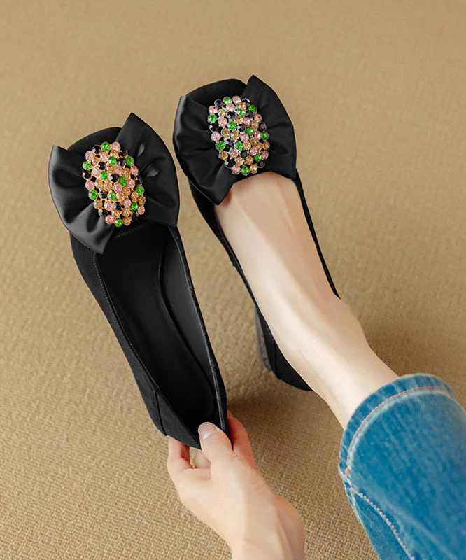 Blue Chunky Heel Shoes Suede Fashion Splicing Bow Zircon - Image 2