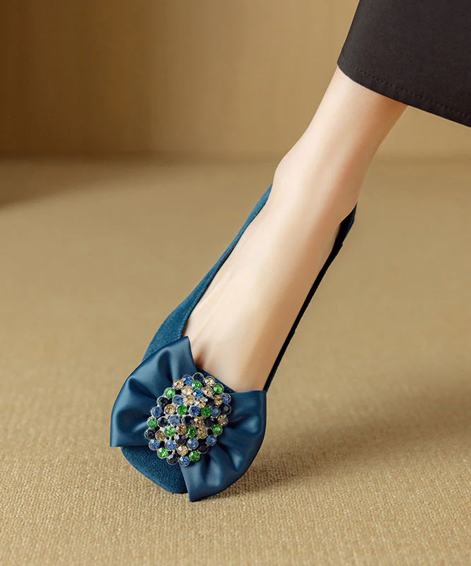 Blue Chunky Heel Shoes Suede Fashion Splicing Bow Zircon - Image 4