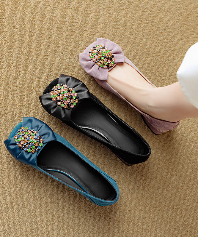 Blue Chunky Heel Shoes Suede Fashion Splicing Bow Zircon - Image 5