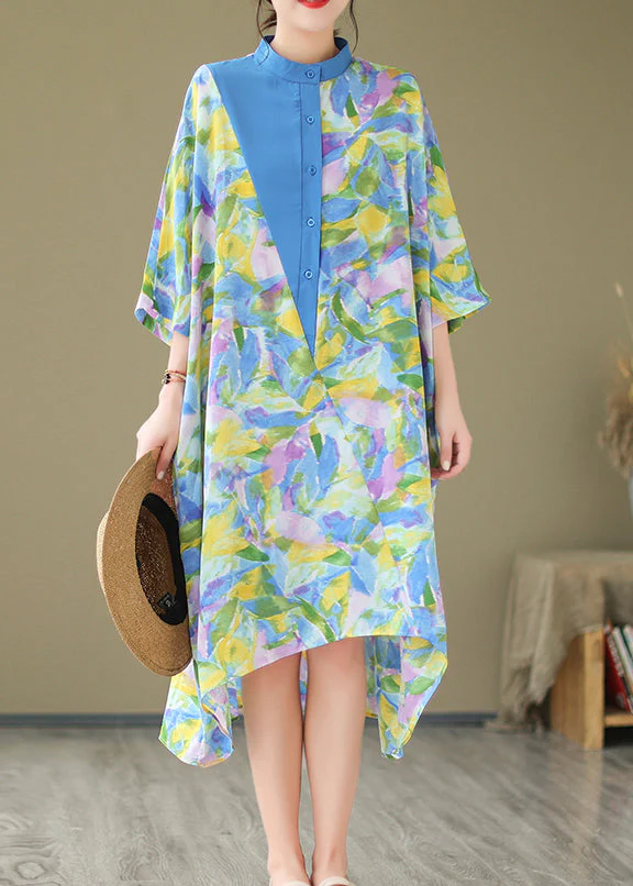 Blue Cotton Shirt Dresses Stand Collar Tie Dye Summer - Image 2