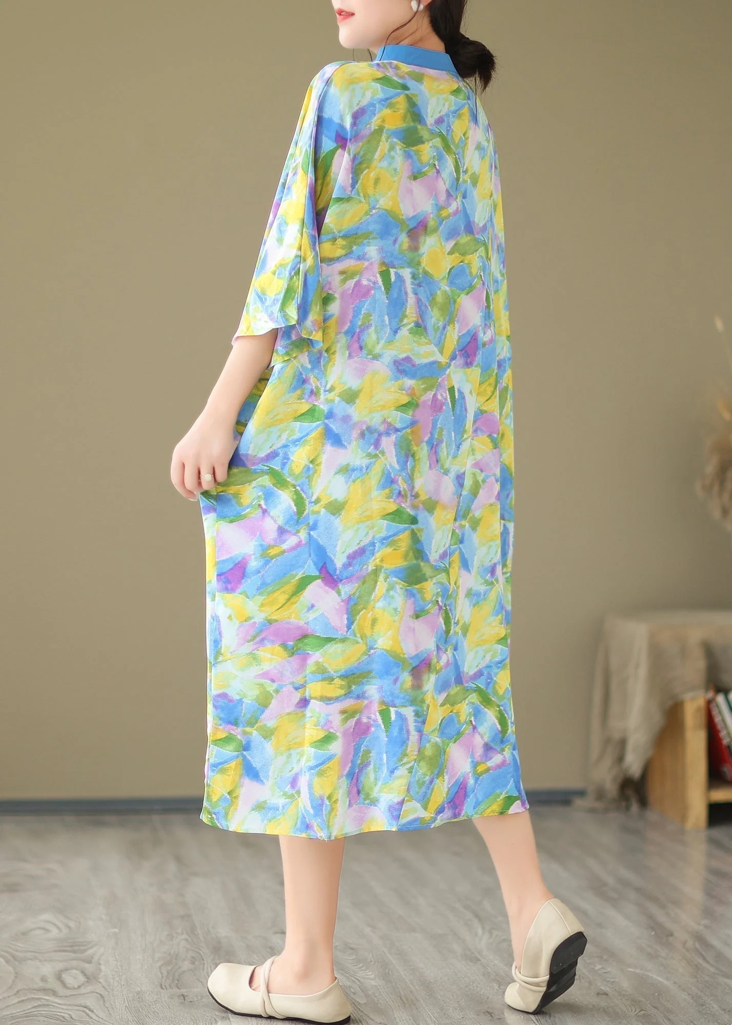 Blue Cotton Shirt Dresses Stand Collar Tie Dye Summer - Image 3