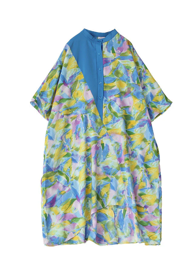 Blue Cotton Shirt Dresses Stand Collar Tie Dye Summer - Image 5