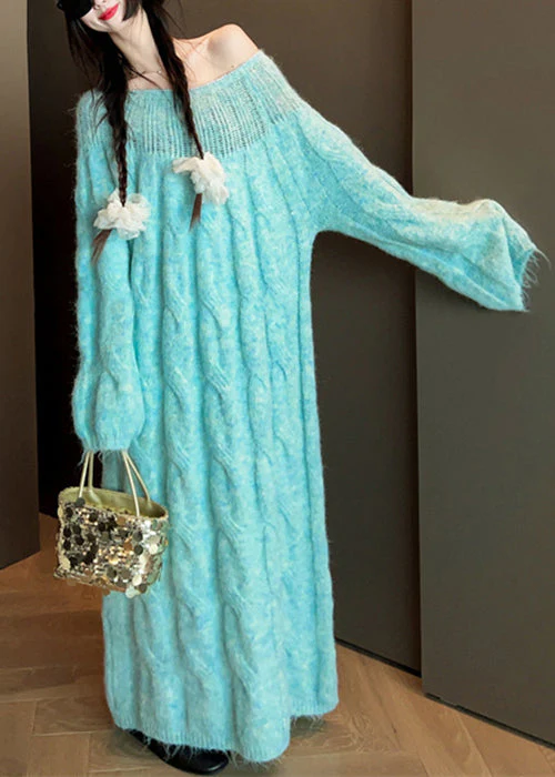 Blue Cozy Cable Knit Sweater Dress Hollow Out - Image 2