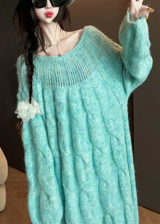 Blue Cozy Cable Knit Sweater Dress Hollow Out - Image 4