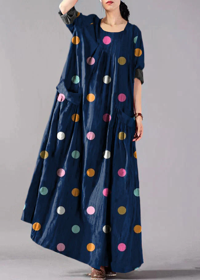 Blue Flowers Big Pockets Linen Vacation Dresses Wrinkled Long Sleeve - Image 2