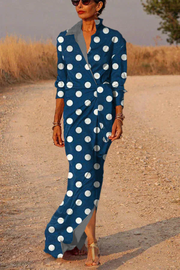 Blue Flowers Satin Wrap Shirt Maxi Dress - Image 2